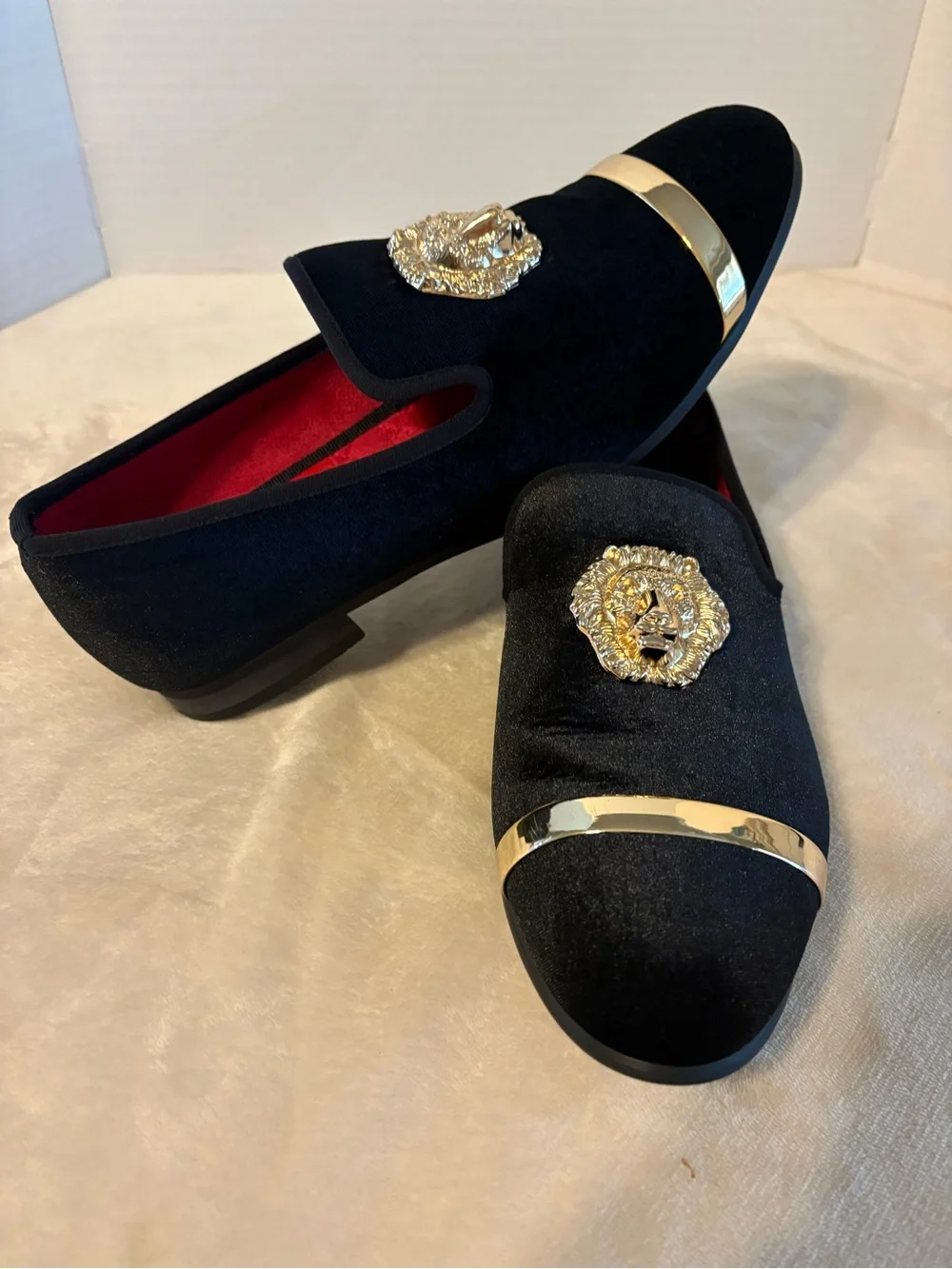 Tai Black Velvet Loafers with Gold Medallion and Gold Toe Accent